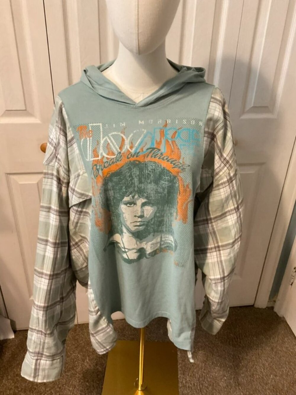 The Doors Upcycled Graphic Lightweight Hoodie with Flannel Sleeves - OSFM